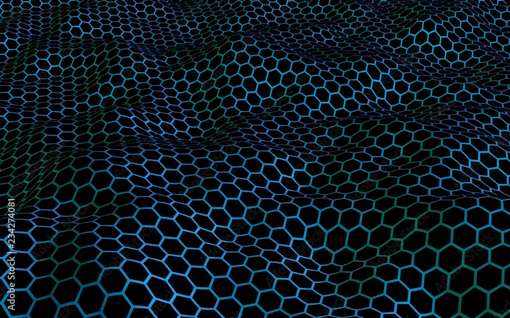 Honeycomb wave effect on a blue green background. Perspective view on polygon look like honeycomb. Isometric geometry. 3D illustration Honeycomb wave effect on a blue green background. Perspective view on polygon look like honeycomb. Isometric geometry. 3D illustration