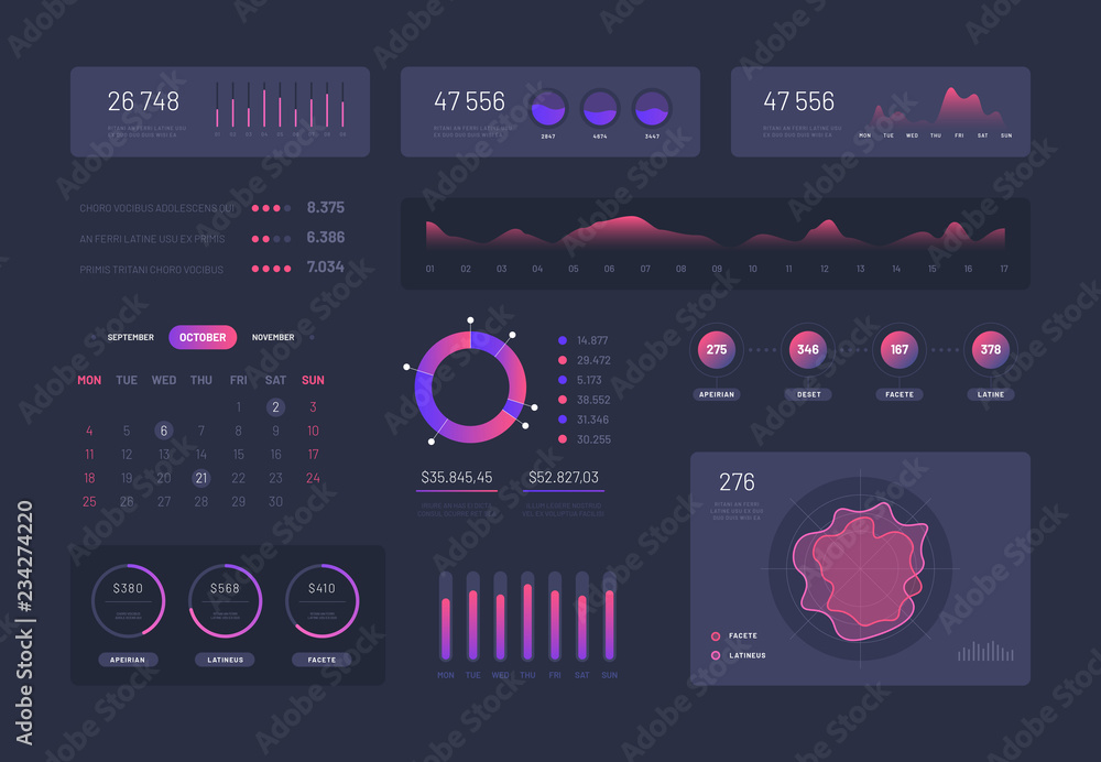 Visual data graphics. Control admin panel with charts column diagrams. Modern infographic ui vector interface. Infographic dashboard, ui with graph finance illustration