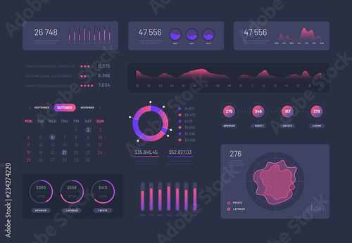 Visual data graphics. Control admin panel with charts column diagrams. Modern infographic ui vector interface. Infographic dashboard, ui with graph finance illustration