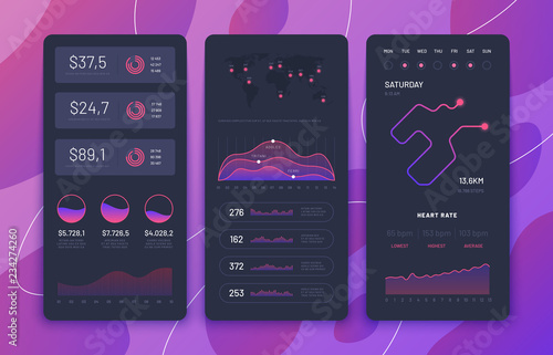 Fitness app ui. Phone dashboards with charts, diagrams and navigation map. Smartphone application screens vector design. Sport run navigation smartphone, user interface dashboard calendar illustration
