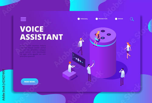 Smart speaker concept. Voice assistant, 4ir digital command center and 3d answer. Isometric vector illustration. Voice assistant and control, smart device intelligence speaker