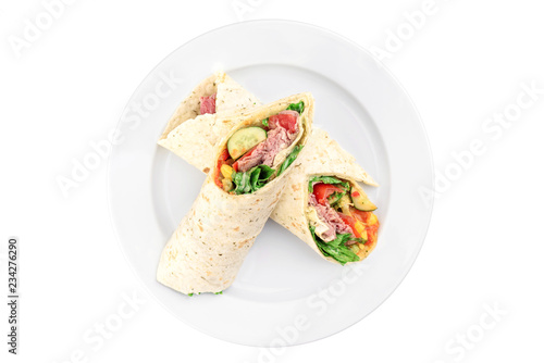 Burrito with meat and vegetables in a white plate isolated on white background. top view. flat lay