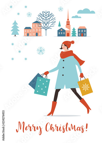 Young woman is shopping. Greeting card. Merry Christmas and Happy New Year , flat vector illustration