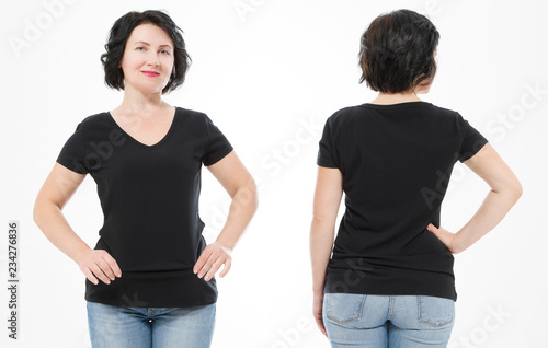 Women black blank t shirt, front and back rear view isolated on white background. Template shirt, copy space and mock up for print design.