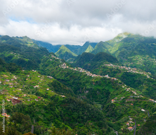 Mountain landscape. View of mountains and sea on route Vereda da Penha de Aguia  Madeira Island  Portugal  Europe.