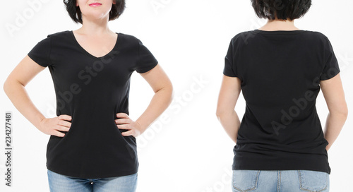 Women black blank t shirt, front and back rear view isolated on white background. Template shirt, copy space and mock up for print design. Cropped image
