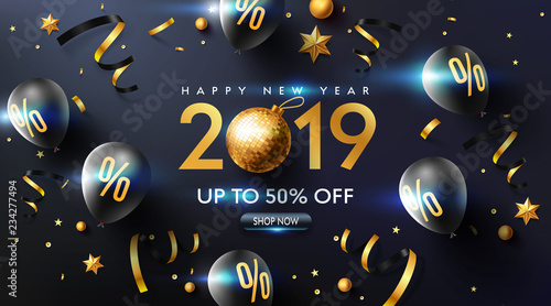 Happy New year 2019 Promotion Poster or banner with black balloons, golden ribbon and confetti.Promotion or shopping template for Christmas in golden and black style.Vector EPS10