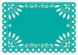 Papel Picado vector template design in turquoise, Mexican paper decoration with flowers and geometric shapes
  