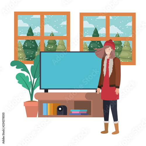 woman living room with view the landscape by window