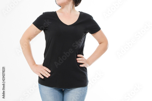 Women black blank t shirt, front view isolated on white background. Template shirt, copy space and mock up for print design. Cropped image