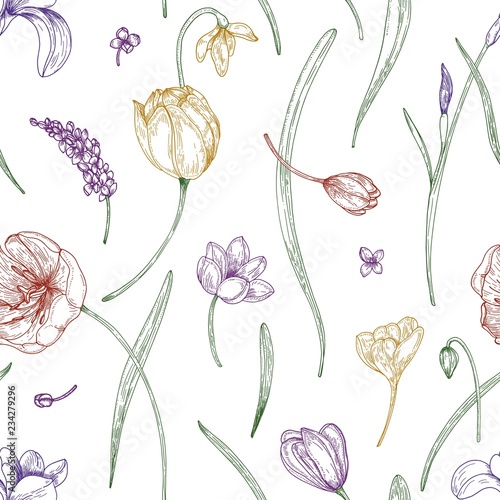 Floral seamless pattern with beautiful blooming garden flowers drawn with colored contour lines on white background