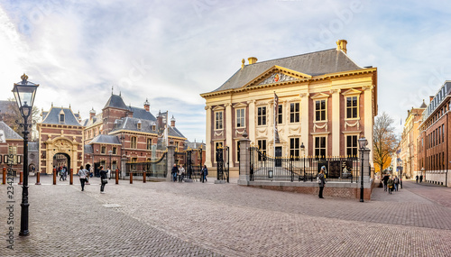 Panorama photo of the Mauritshuis with the Grenadierspoort to the Binnenhof in the Hague