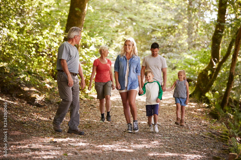 Multi Generation Family Enjoying Walk Along Woodland Path Together Multi Generation Family Enjoying Walk Along Woodland Path Together