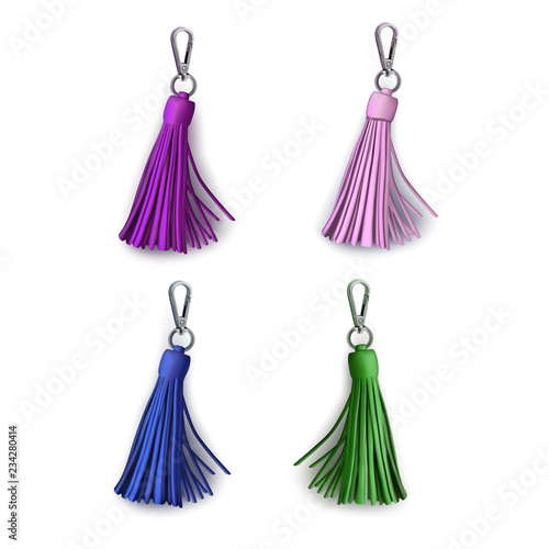 Fittings for women's handbag. Decorative pendant tassel. Magenta, pink, green, blue.