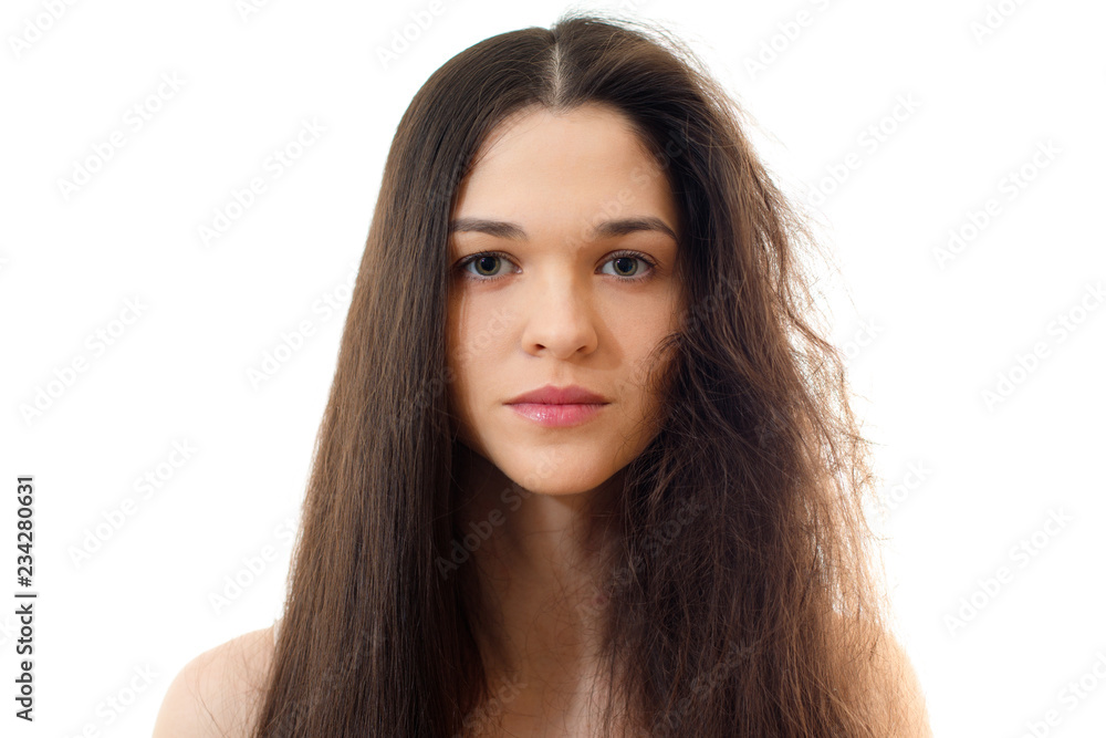 Young woman with well-groomed combed and problem unkempt hair. White background close up Young woman with well-groomed combed and problem unkempt hair. White background close up