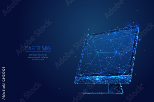 A computer monitor composed of polygons. Low poly vector illustration of a starry sky style. Gadget consists of lines, dots and shapes. Internet or digital or devices and computer symbol.