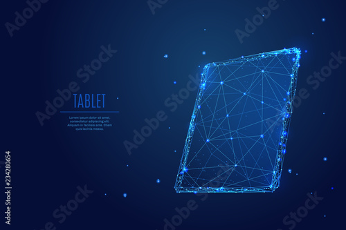 A tablet composed of polygons. Low poly vector illustration of TAB of a starry sky style. Gadget consists of lines, dots and shapes. Internet or digital or devices and computer symbol.