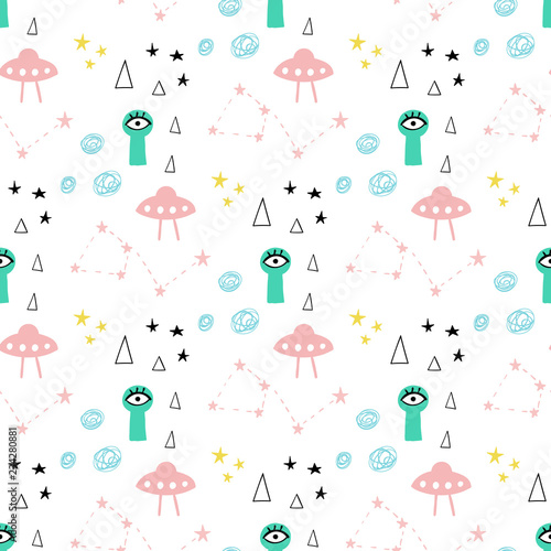 Funny one-eyed alien in space seamless vector pattern. Galaxies and a flying saucer in the background.