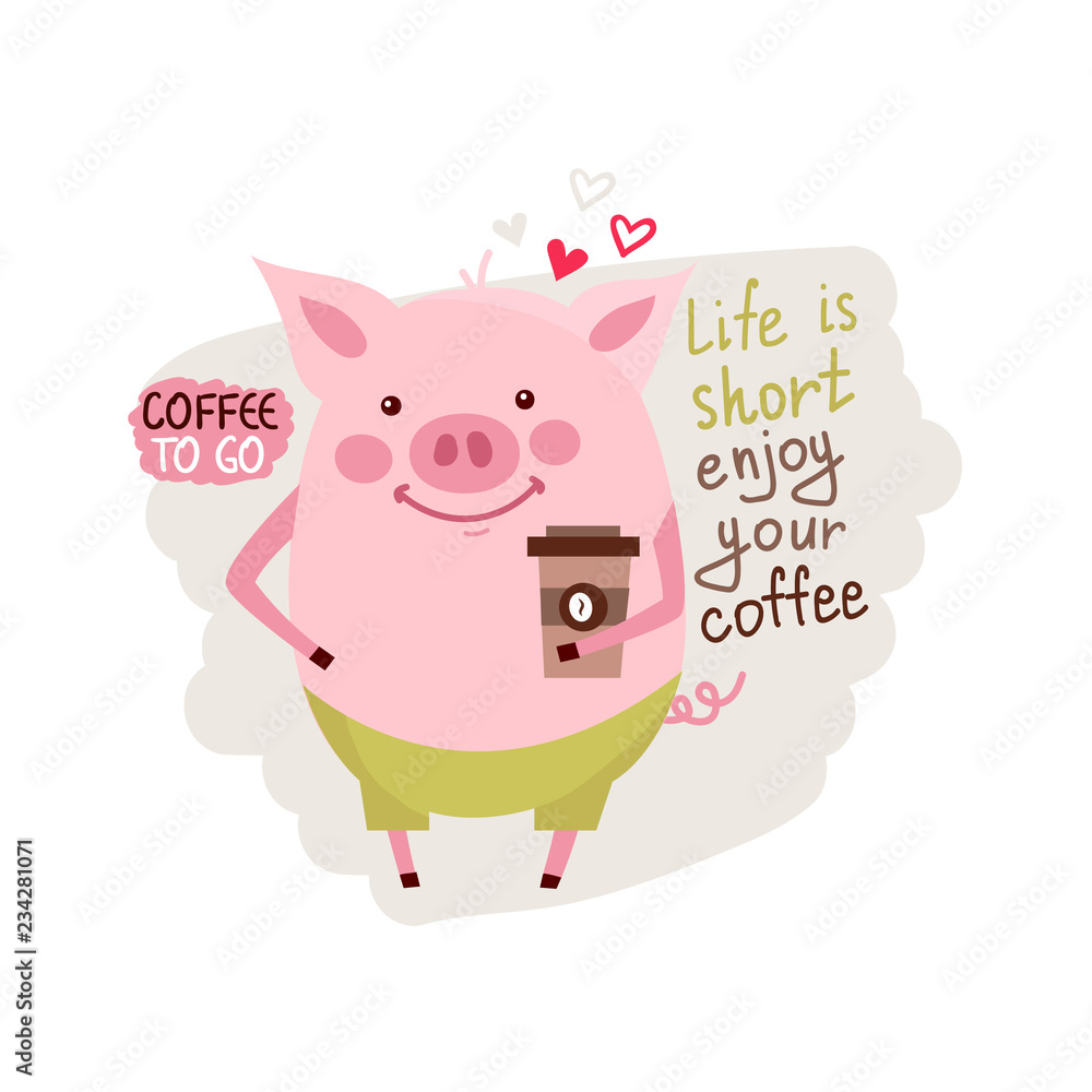 funny card design with cartoon pig with the cup of coffee funny card design with cartoon pig with the cup of coffee