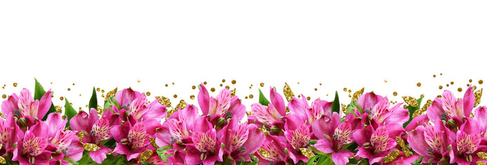 Pink alstroemeria flowers and glitter confetti in a bottom border