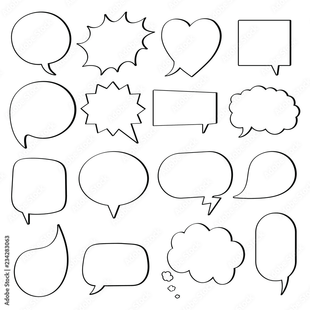 16 Speech bubbles flat style design another shapes without texts hand drawn comic cartoon style set vector illustration isolated on white background. Round, cloud, square, heart, rectangle shapes etc.