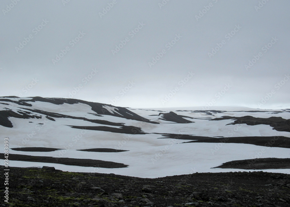 Volcanic landscape of Fimmvorduhals is the area between the glaciers Eyjafjallajokull and Myrdalsjokull in southern Iceland