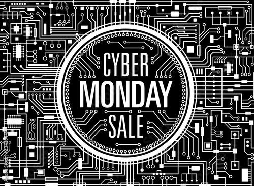 Cyber monday sale design template. Futuristic technology background. Black cybermonday horizontal banner. Vector illustration.