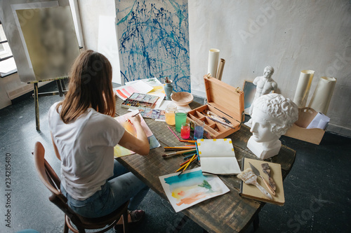 Artistic working process. PAinting with watercolors. Creative workshop