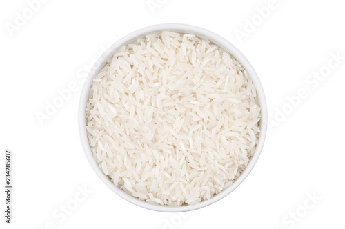 Top view of one bowl with rice isolated on white background
