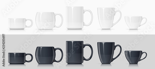 Fotografie, Obraz Ceramic mug for tea, coffee and hot beverage. Set of white black