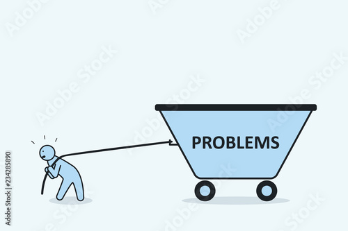 Man pulls a problems on the rope. Unresolved problem concept. Vector illustration.