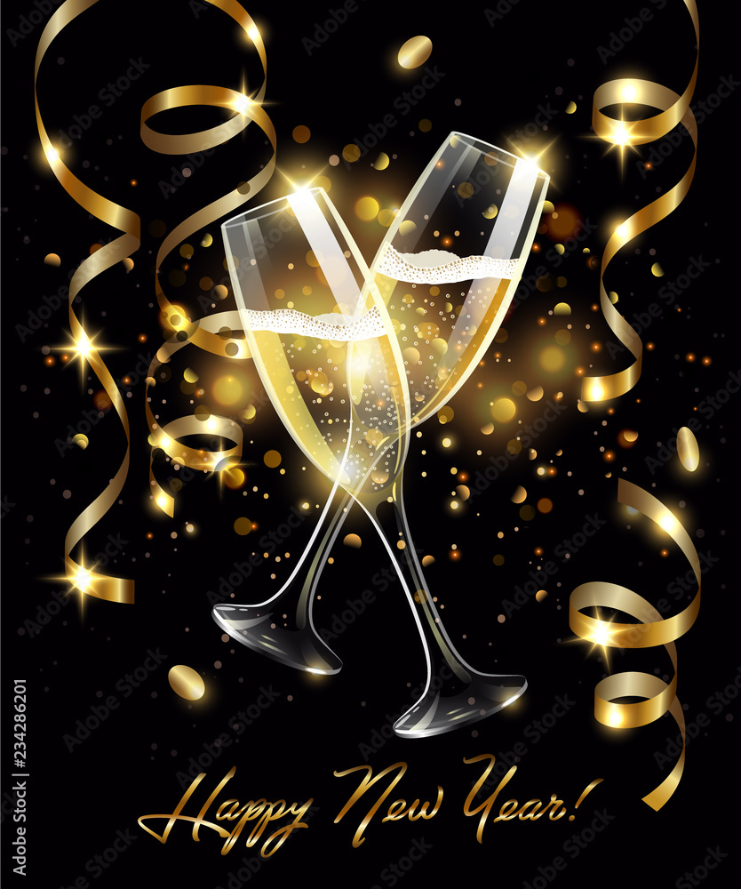 Sparkling glasses of champagne with Gold serpentine on black background, gold bokeh effect, realistic wineglass with fizzy drink, celebrate concept, with sign Happy New Year. vector illustration
