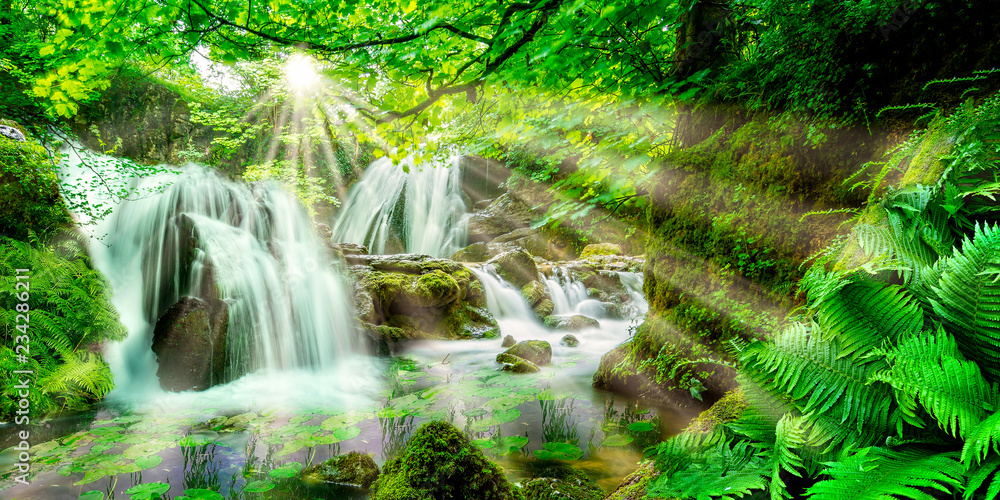Fototapeta Idylliczny las z wodospadami
