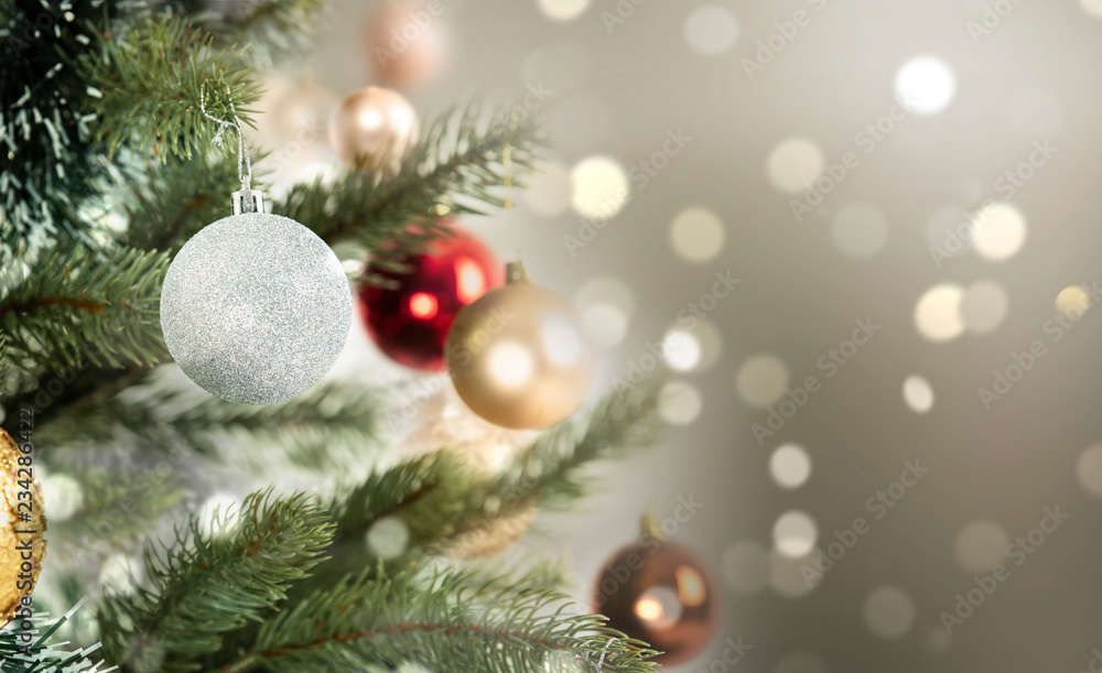 Close-up christmas tree decoration with Abstract color Bokeh background.