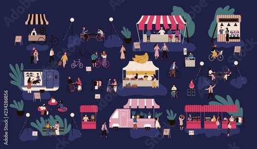 Night market or nighttime outdoor fair. Men and women walking between stalls or kiosks, buying goods, eating street food, talking to each other. Colorful vector illustration in flat cartoon style.