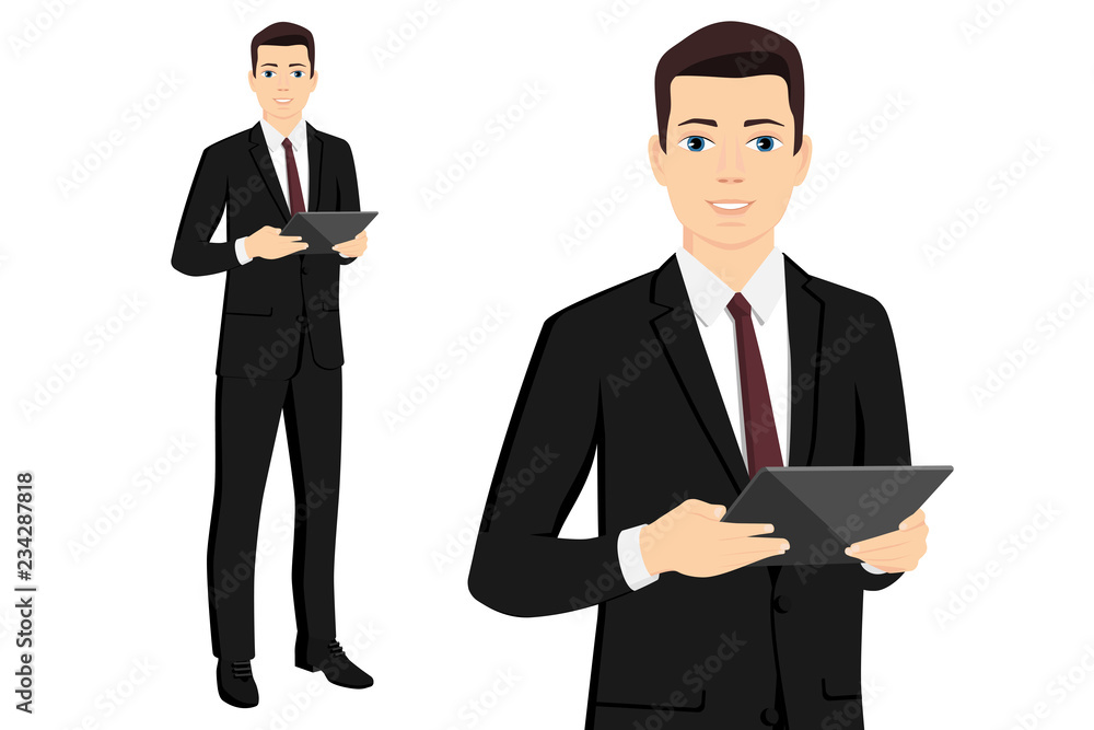 A businessman with a digital tablet. Isolated on white. Vector illustration A businessman with a digital tablet. Isolated on white. Vector illustration