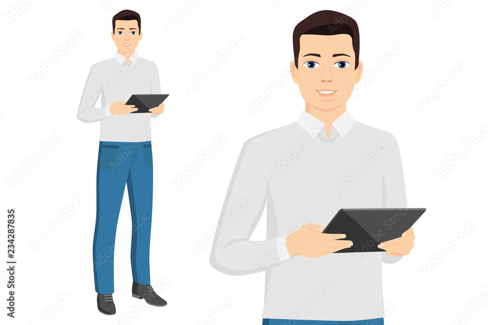 A man with a digital tablet. Isolated on white. Vector illustration