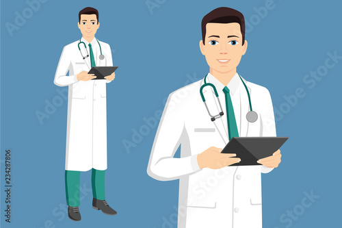 A medicine doctor with a digital tablet. Vector illustration
