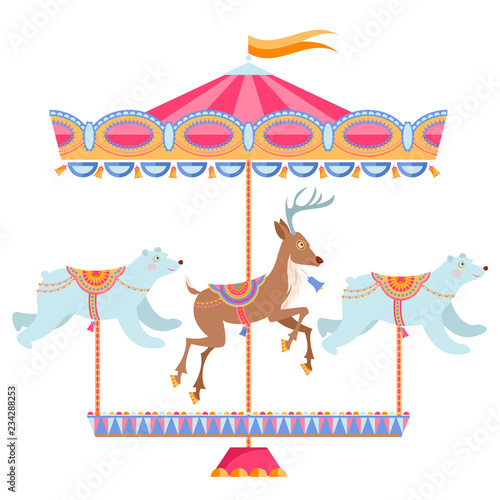 Christmas carousel with deer and polar bears. Vintage christmas merry-go-round.