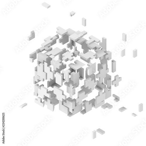 Light gray chaotic cube matrix in white background. 3D render