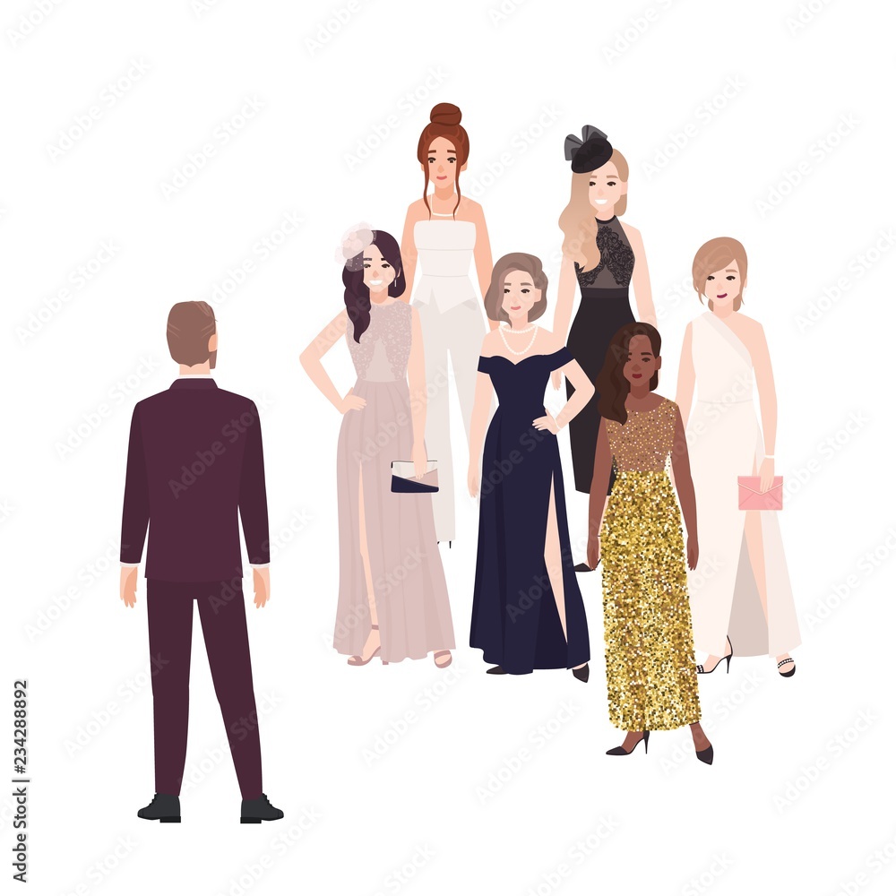 Fototapeta premium Male character standing in front of group of happy beautiful women dressed in elegant evening clothing. Popular man or bachelor choosing girlfriend or wife. Vector illustration in flat cartoon style.
