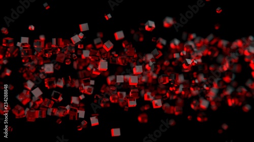 Red glass transparent cubes on black background. 3D render