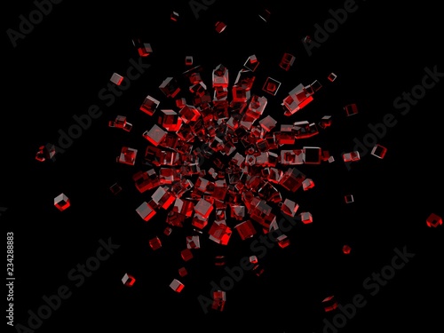 Red glass transparent cubes on black background. 3D render
