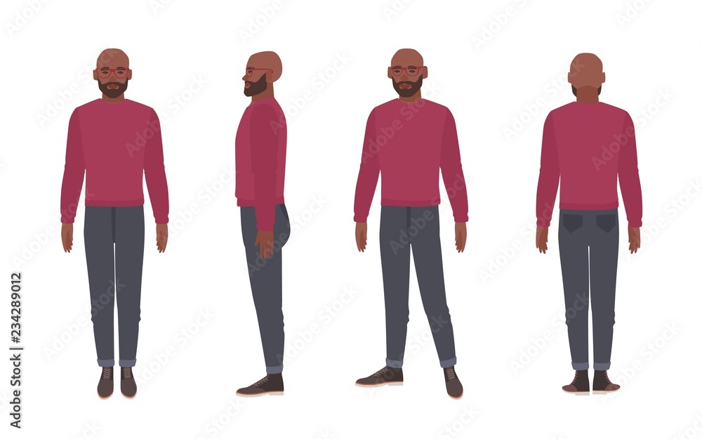 Obraz premium Bald bearded African American man wearing glasses and jumper. Funny male cartoon character isolated on white background. Front, side and back views. Colorful vector illustration in flat style.
