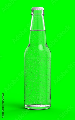 Transparent bottle with bubble transparent liquid and white cap over green chroma key background. 3D render Mockup
