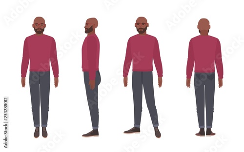Bald bearded African American man wearing glasses and jumper. Funny male cartoon character isolated on white background. Front, side and back views. Colorful vector illustration in flat style.