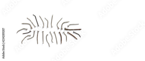 Deformed used metal nails on a white background. close-up photo, copy space