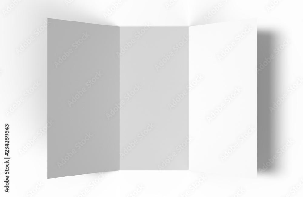Opened blank paper trifold leaflet mockup on white background with shadows. Photorealistic 3D illustration Opened blank paper trifold leaflet mockup on white background with shadows. Photorealistic 3D illustration