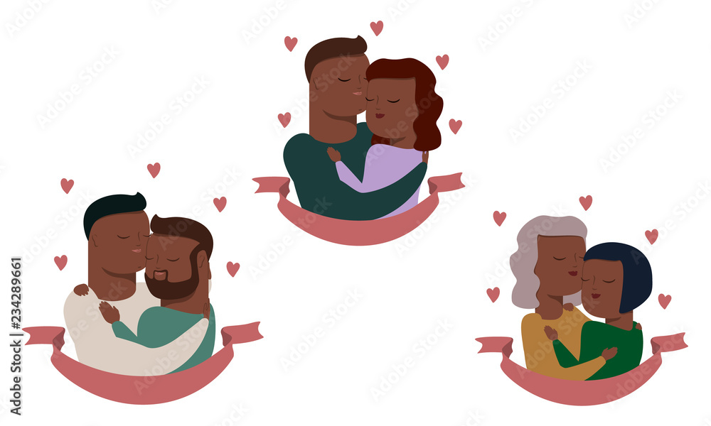 vector set of couples, heterosexual and homosexual. african american people.  isolated on white background