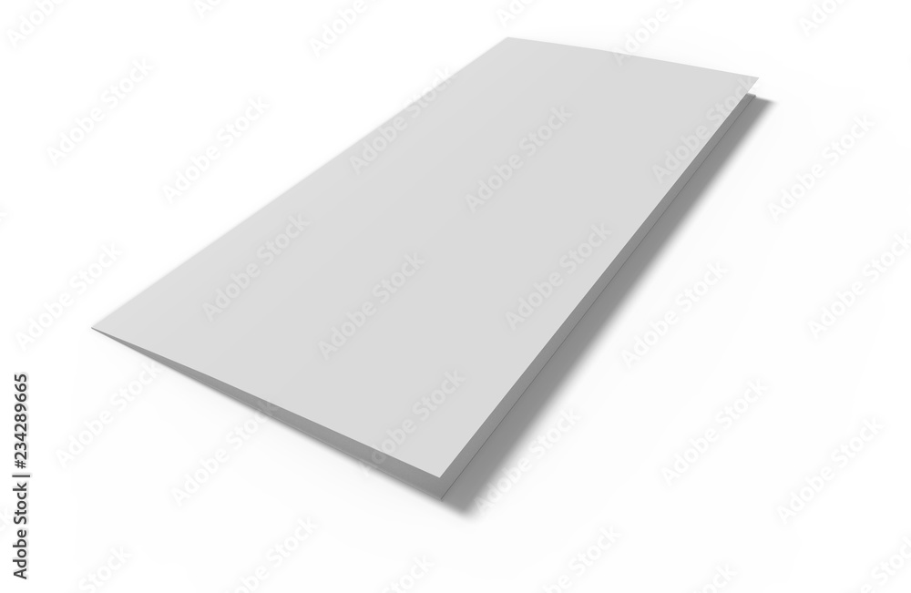 Opened blank paper trifold leaflet mockup on white background with shadows. Photorealistic 3D illustration Opened blank paper trifold leaflet mockup on white background with shadows. Photorealistic 3D illustration
